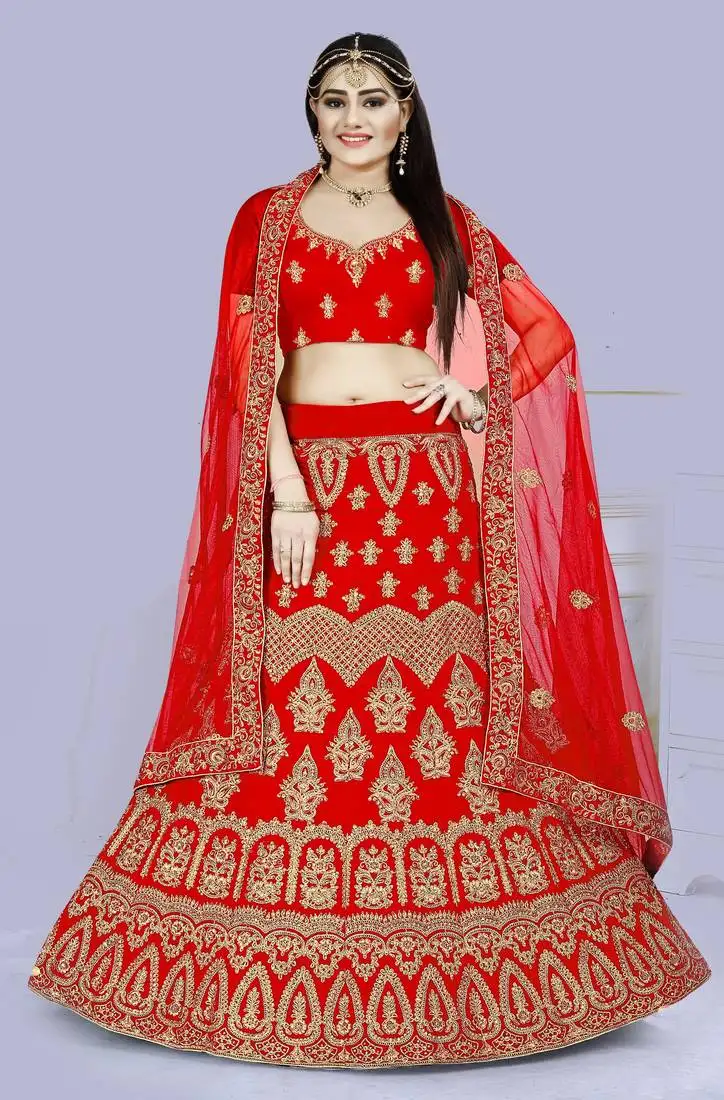 Red embroidered silk semi stitched bridal lehenga