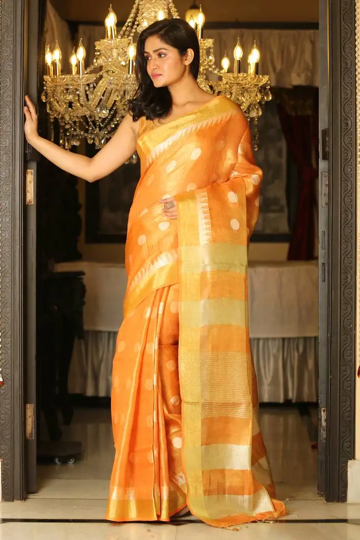 Light orange woven linen saree with blouse