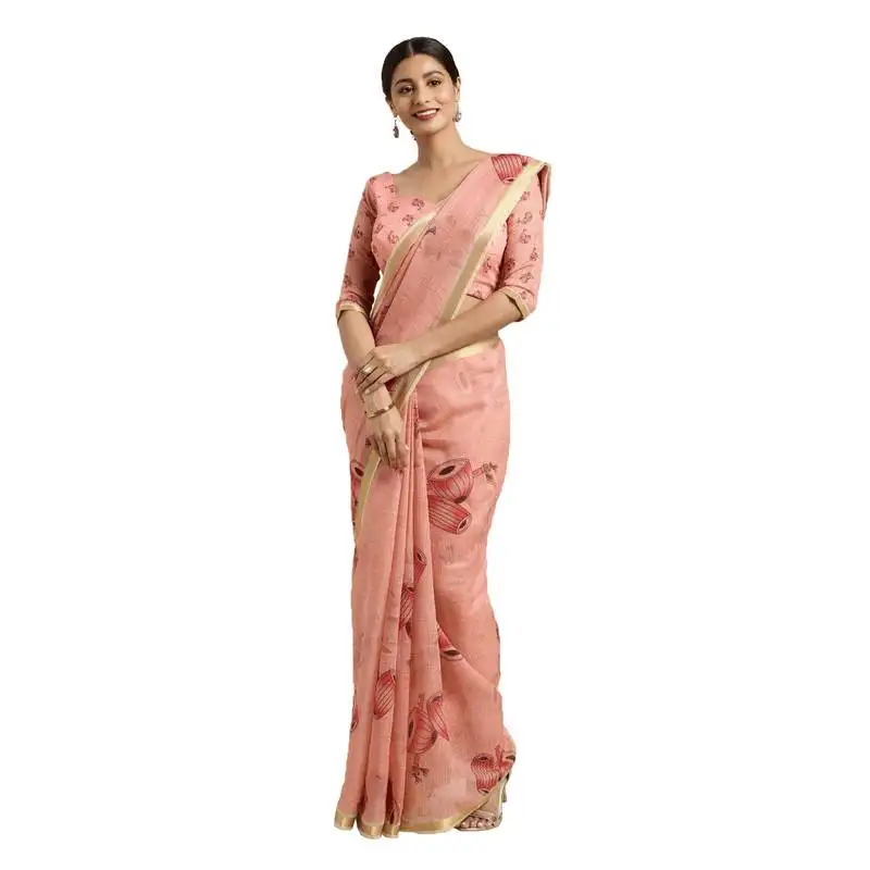 Red printed linen saree with blouse