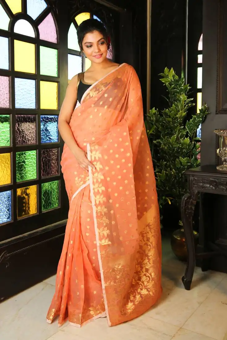 Peach woven blended cotton saree with blouse