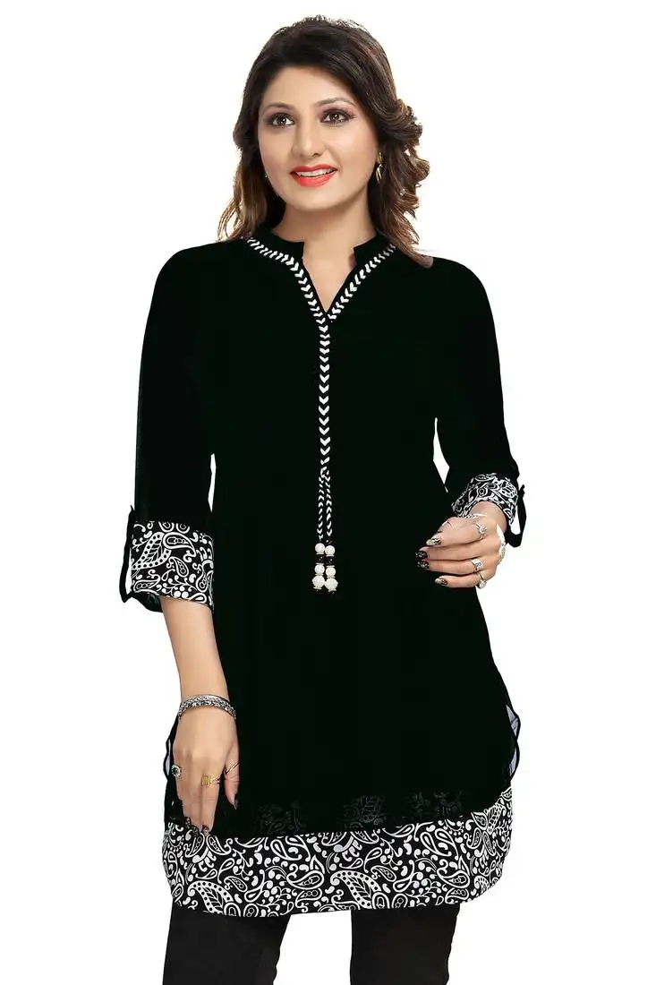 Black plain georgette short-kurtis