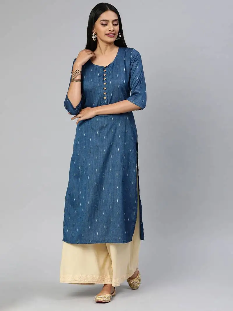 Blue printed cotton silk ethnic-kurtis