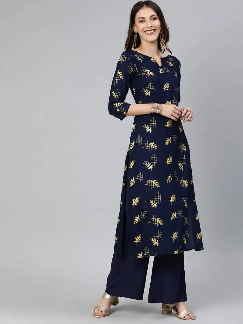 Navy-blue printed viscose ethnic-kurtis