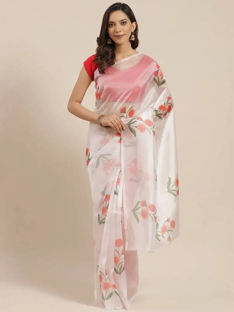 Off white printed organza saree with blouse