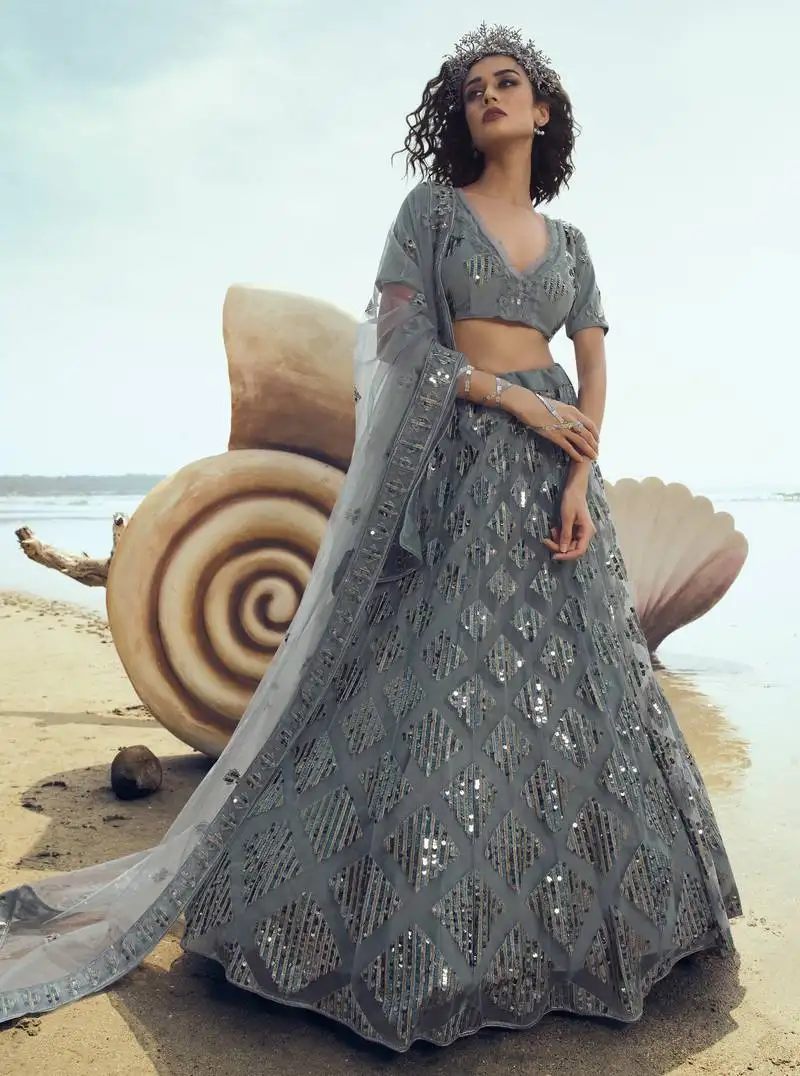 Grey embroidered net semi stitched lehenga