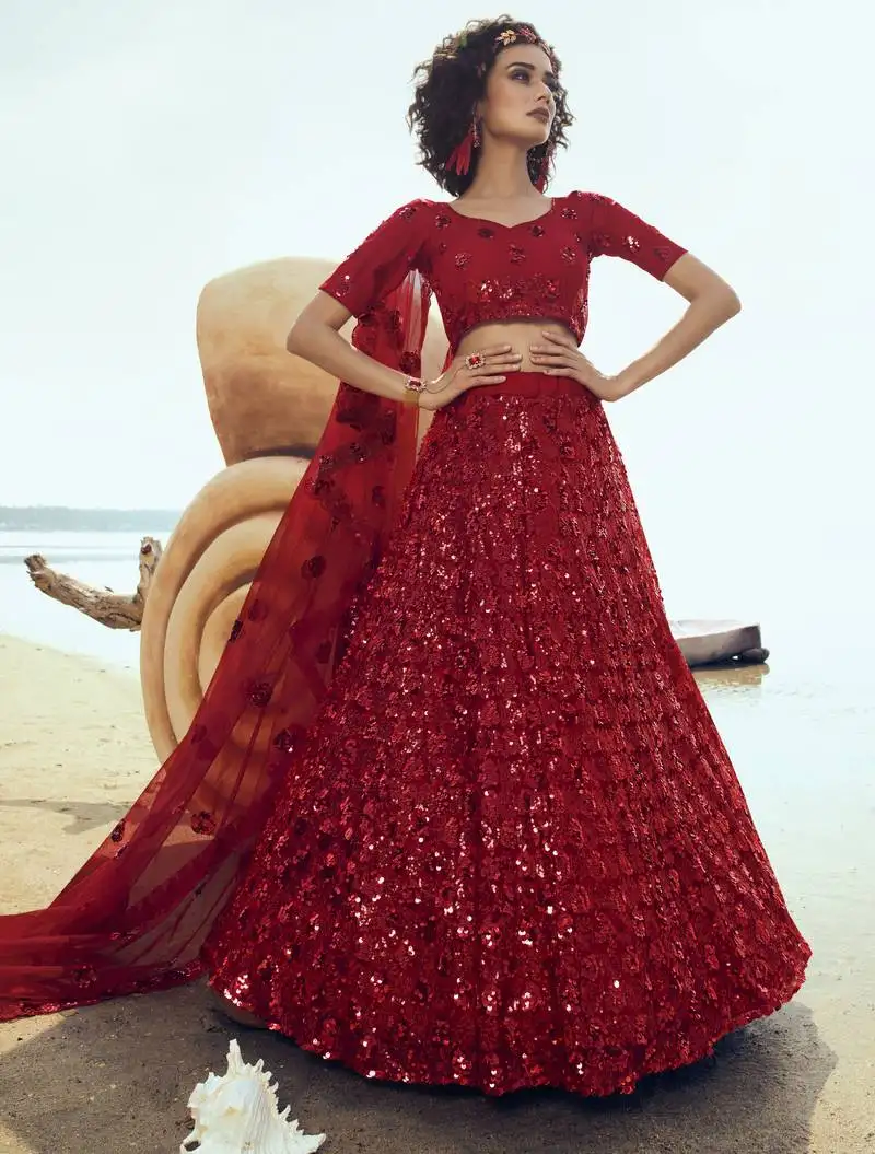 Red net sequin embroidered semi stitched lehenga