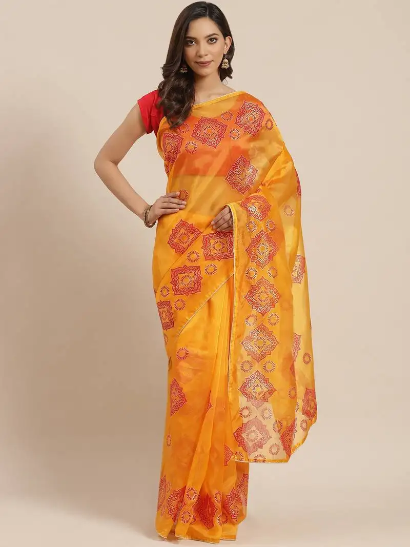 Mustard woven organza saree with blouse