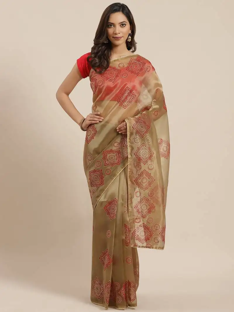 Light brown woven organza saree with blouse