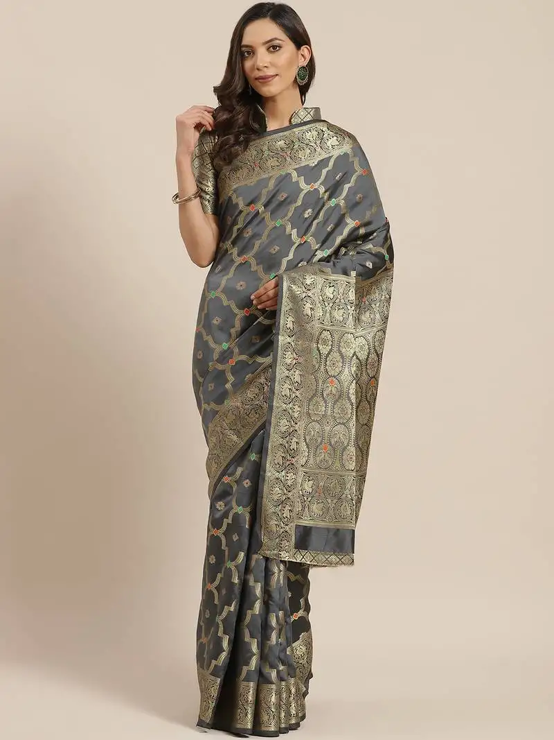 Grey woven banarasi silk saree with blouse