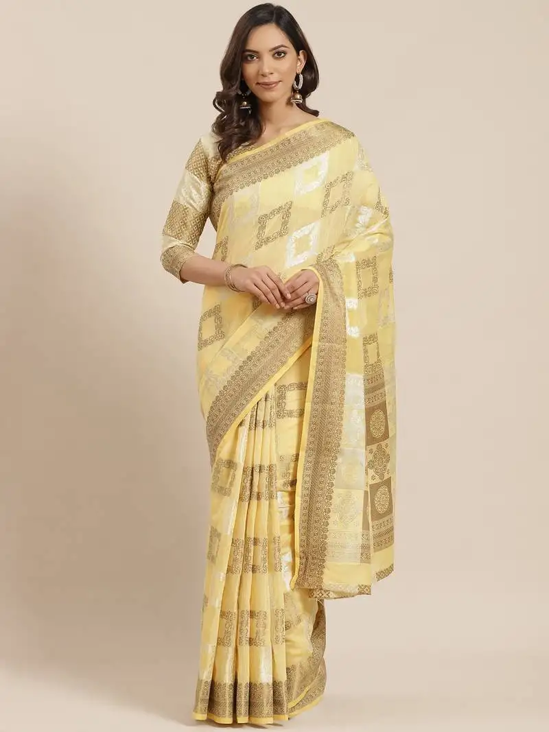 Yellow printed linen saree with blouse