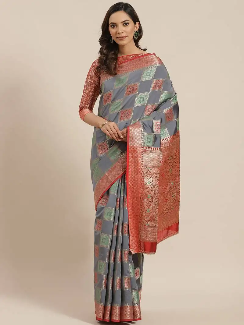 Grey woven banarasi saree with blouse
