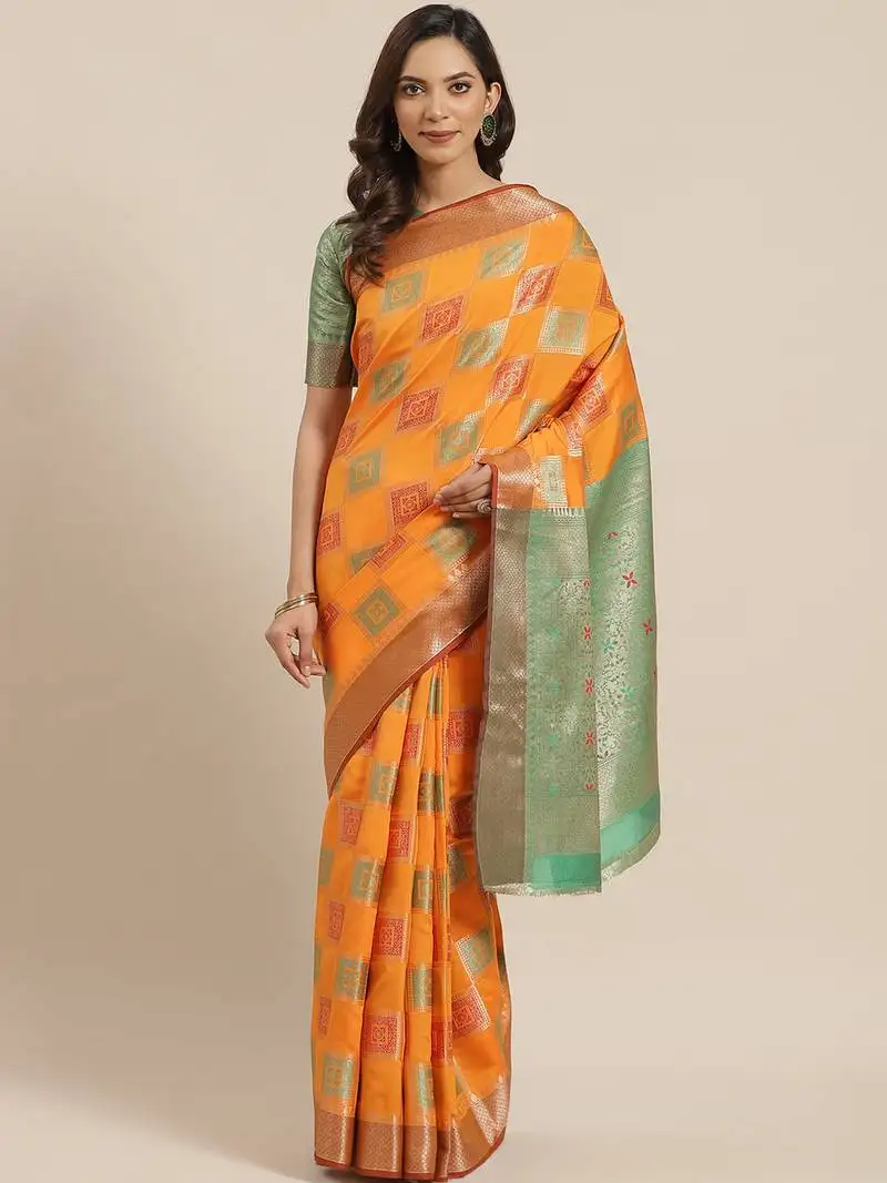 Orange woven banarasi saree with blouse