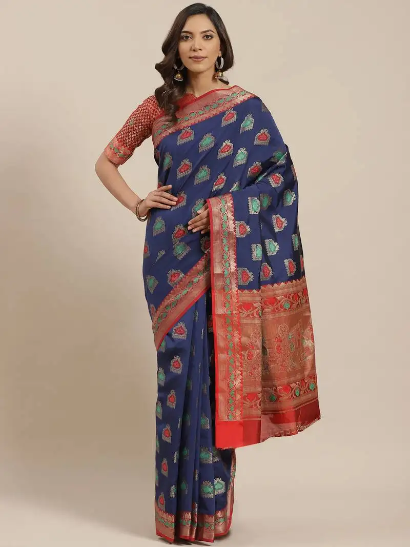 Navy blue woven banarasi saree with blouse