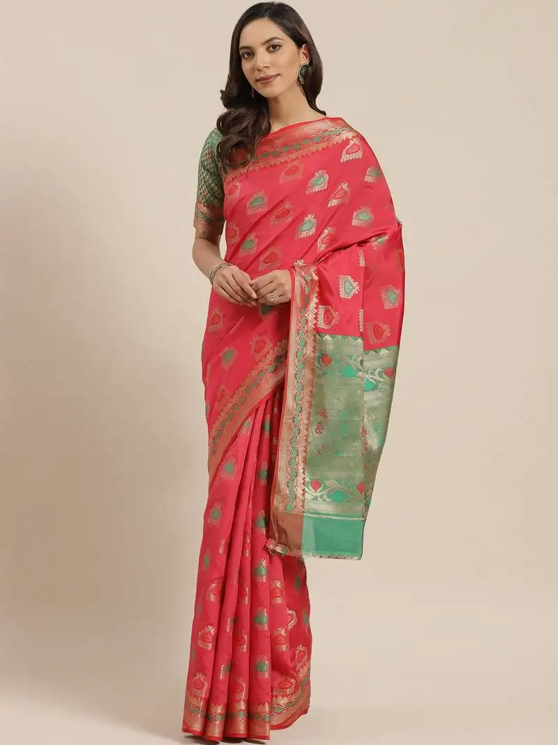 Peach woven banarasi saree with blouse