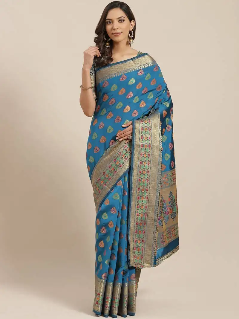 Turquoise banarasi silk woven saree
