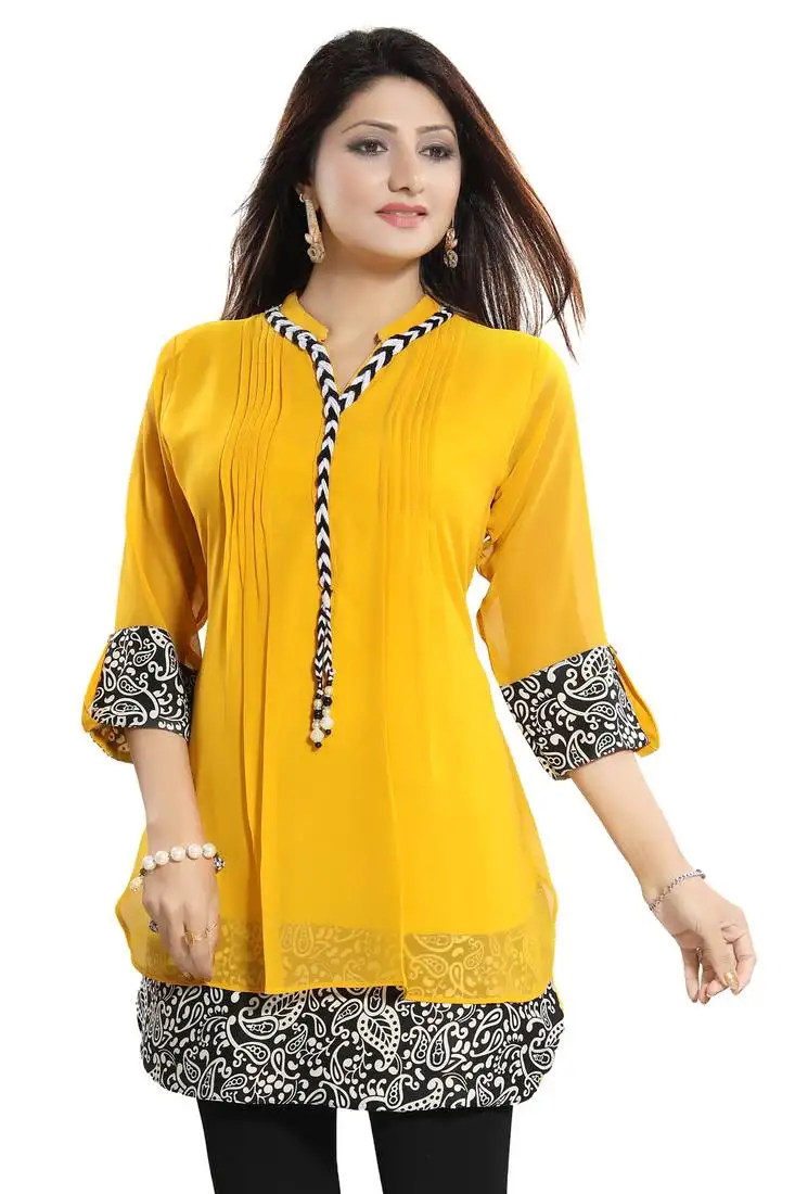 Yellow plain georgette short-kurtis