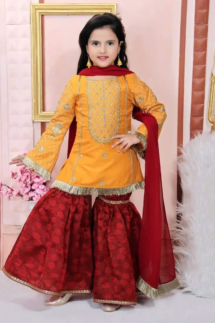 Yellow embroidered cotton silk kids salwar suits