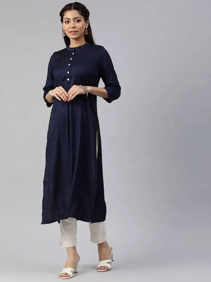 Blue plain viscose cotton-kurtis