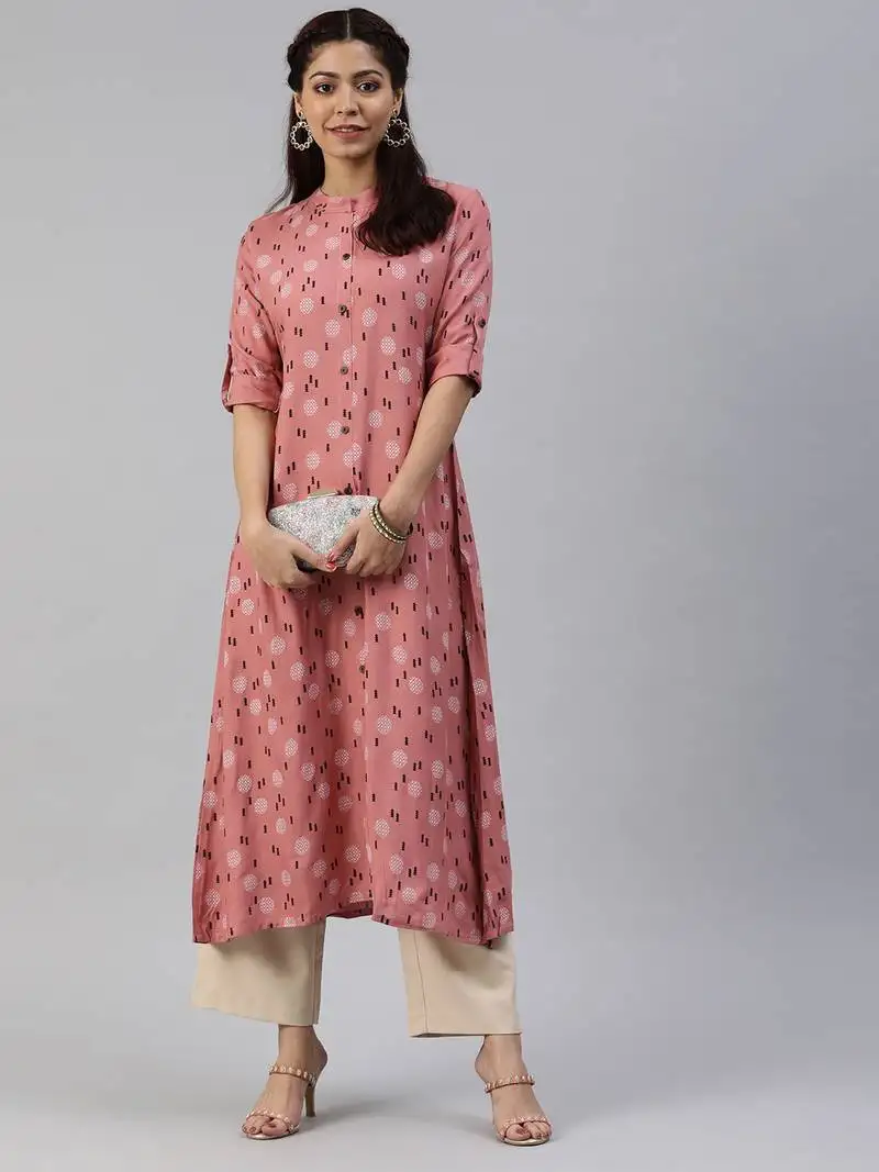 Peach printed viscose cotton-kurtis
