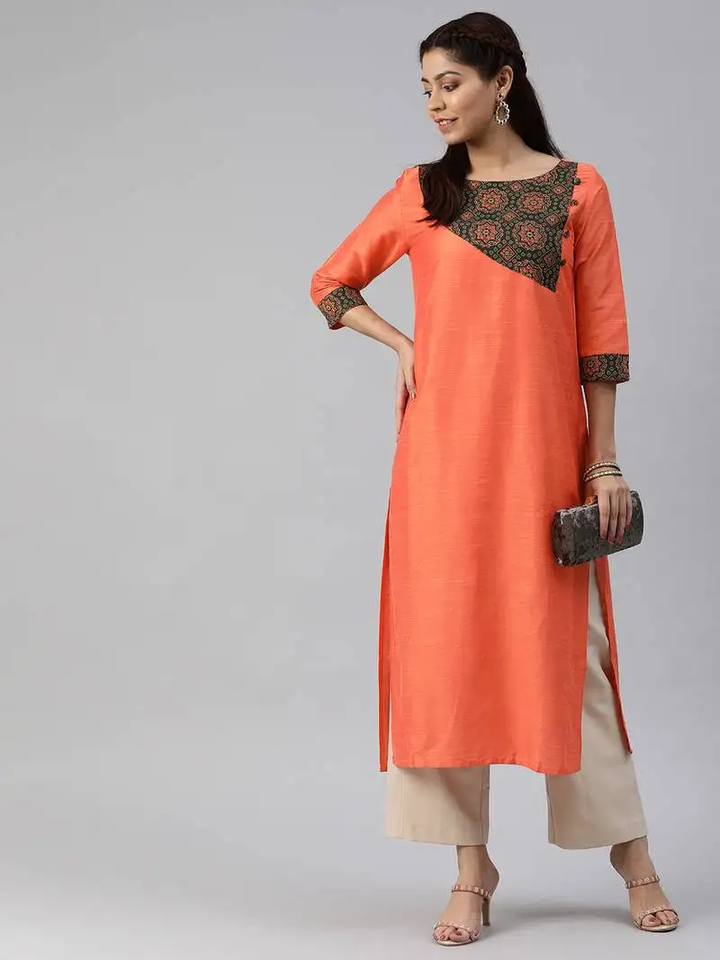 Peach plain cotton silk cotton-kurtis