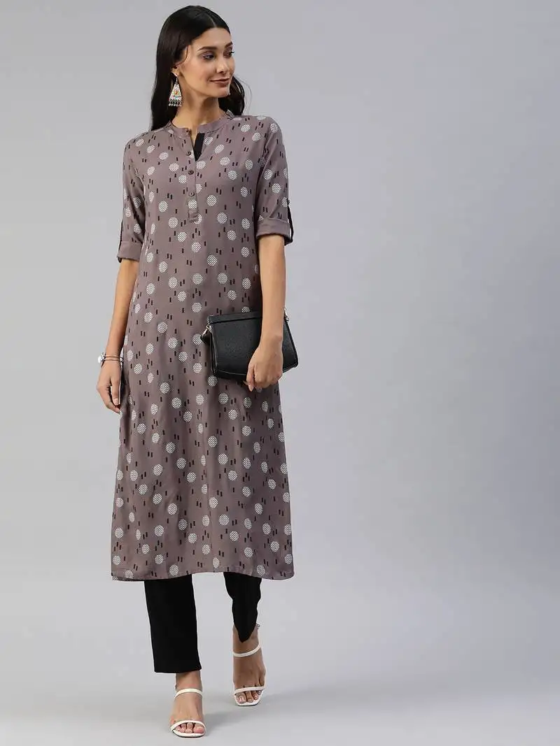 Brown printed viscose cotton-kurtis
