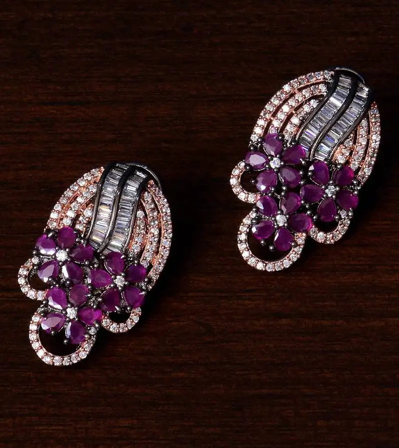 Black and rose gold plated ruby and american diamond embellished stud earrings 216ed223