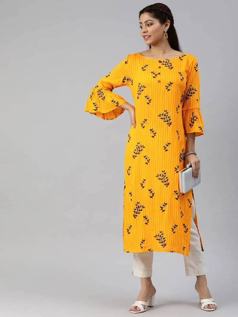 Yellow printed viscose cotton-kurtis