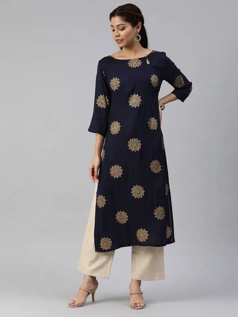 Navy-blue printed viscose cotton-kurtis
