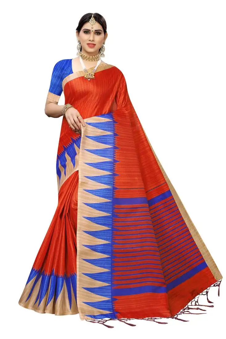 Orange printed art silk blend saree with blouse