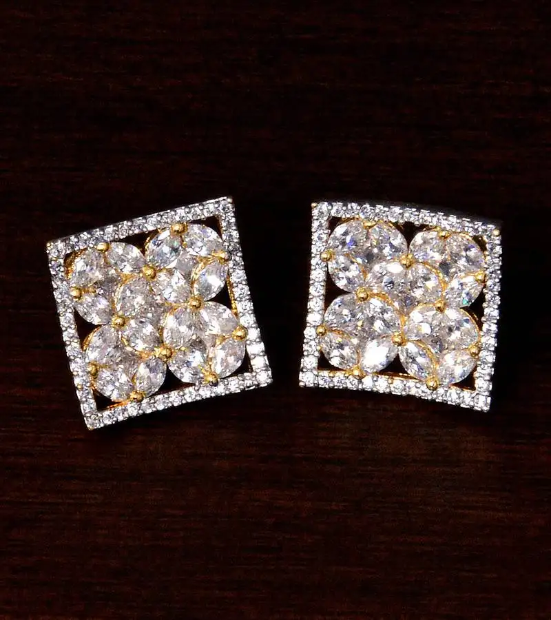 Gold plated square shaped american diamond embellished stud earrings 216ed227