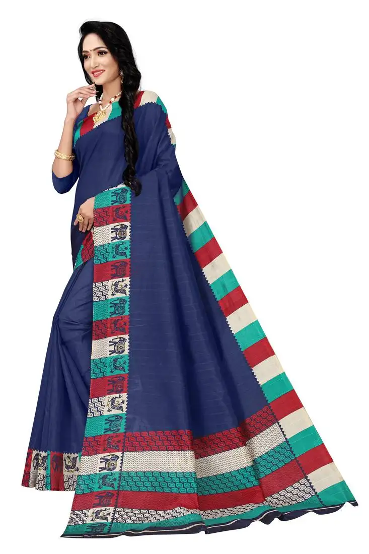 Navy blue art silk printed stripes saree