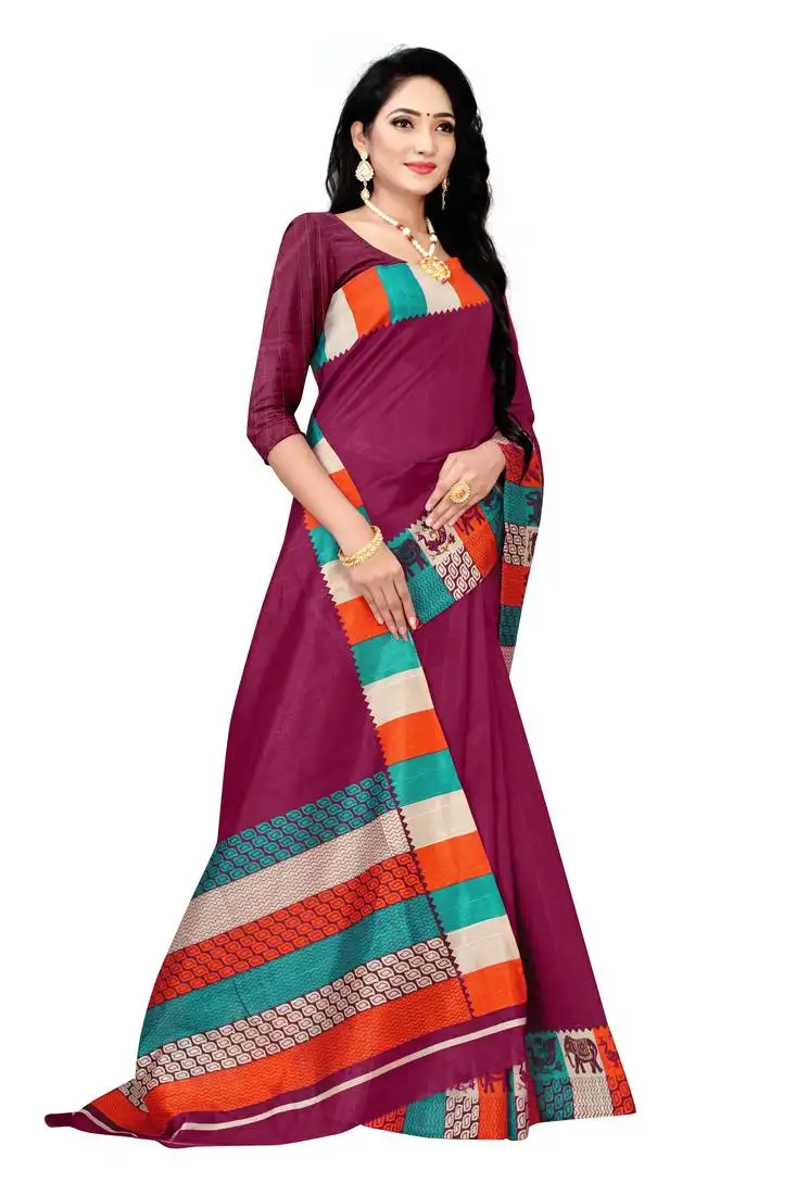 Wine printed art silk saree with blouse