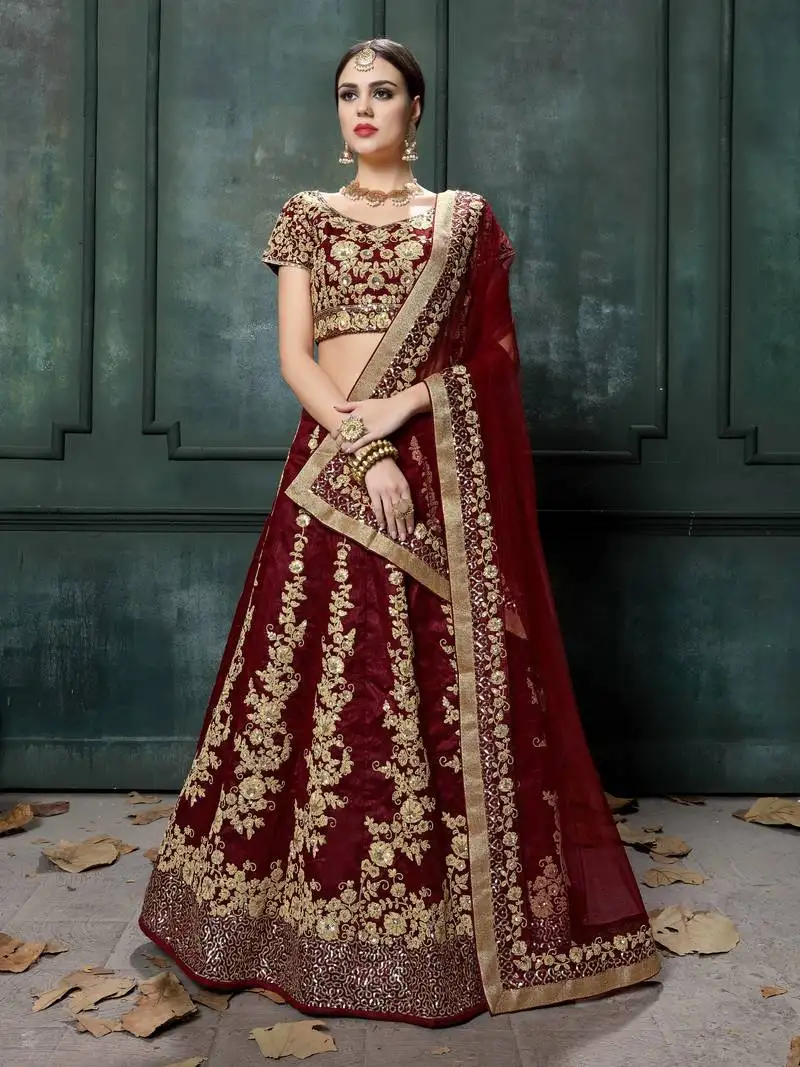 Elegant maroon fine embroidered women's semi stitched designer lehenga choli for wedding