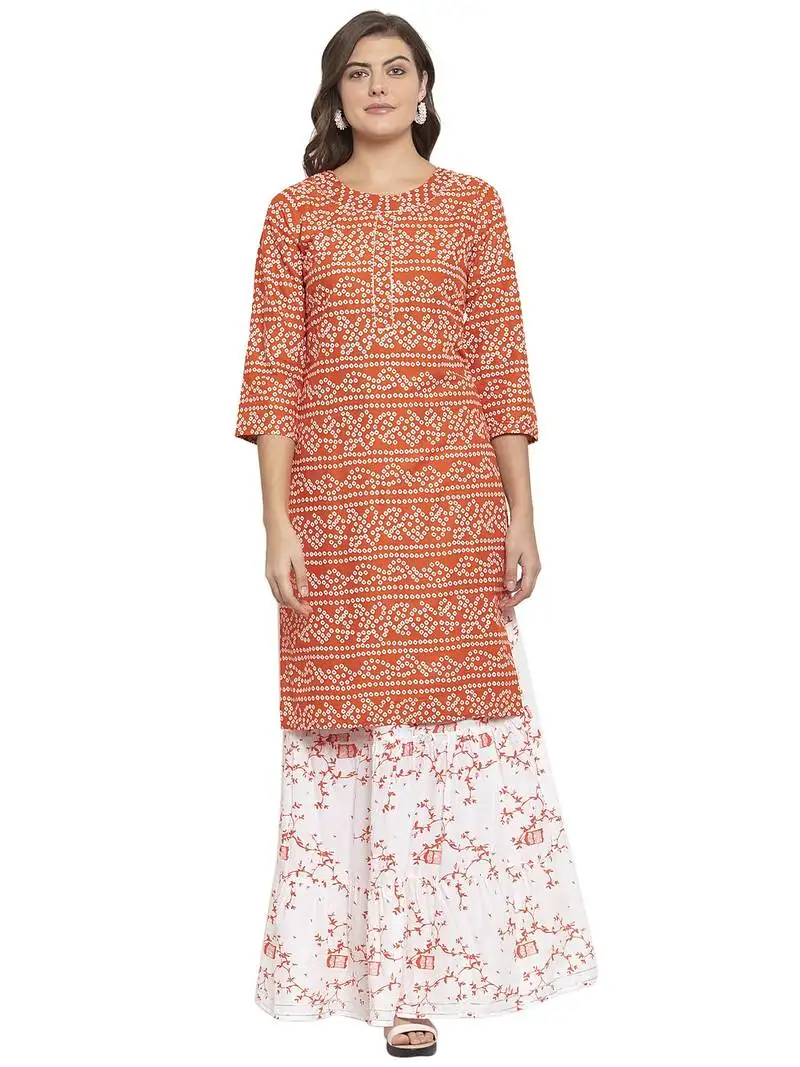 Orange printed cotton kurtas-and-kurtis