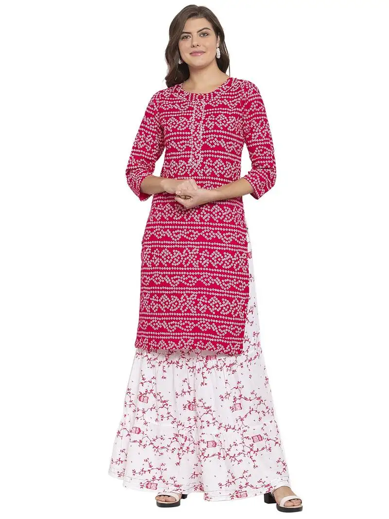 Magenta printed cotton kurtas-and-kurtis