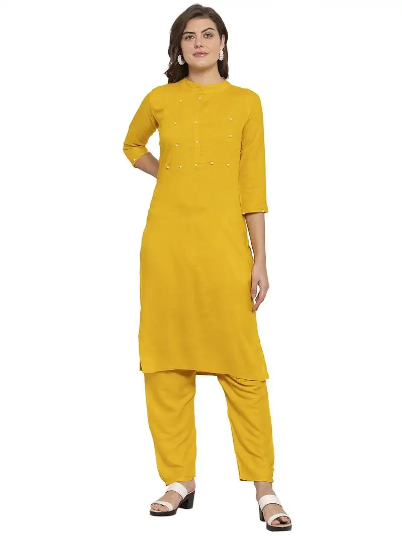 Mustard plain rayon kurtas-and-kurtis
