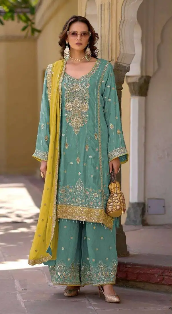 Sky embroidered chinon semi-stitched palazzo style salwar suit semi stitched