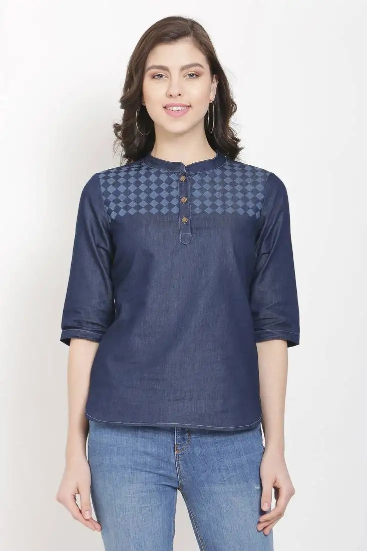 Navy-blue printed denim crop-tops