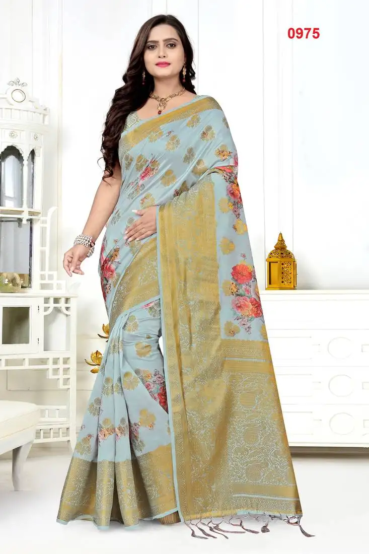 Grey printed banarasi silk saree with blouse
