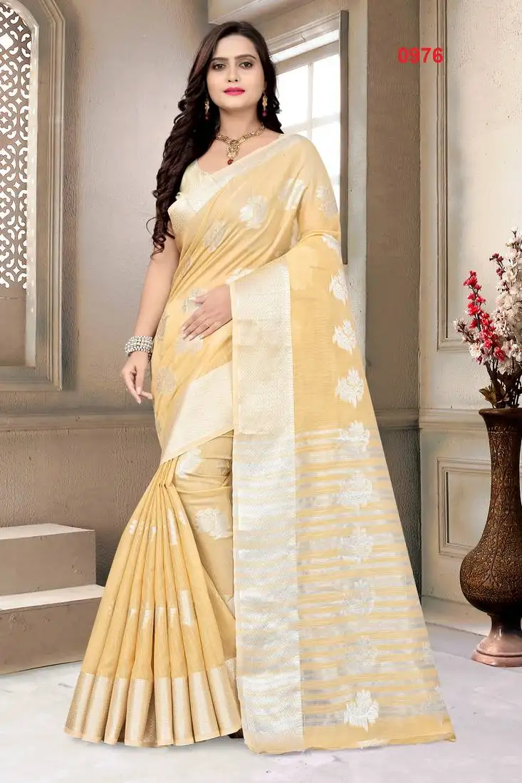 Beige printed banarasi cotton saree with blouse