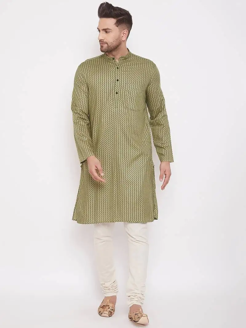 Green printed cotton silk men-kurtas