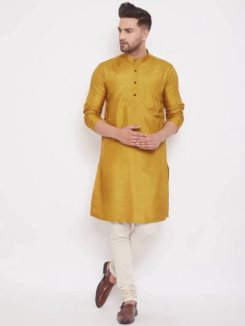 Gold plain art silk men-kurtas