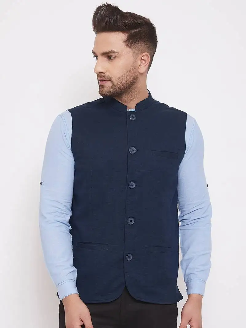 BlueX000d plain linen nehru jacket