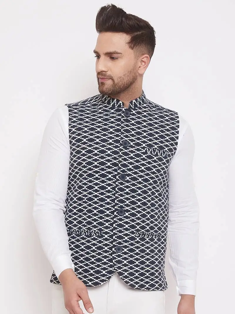 Blue woven poly cotton nehru jacket
