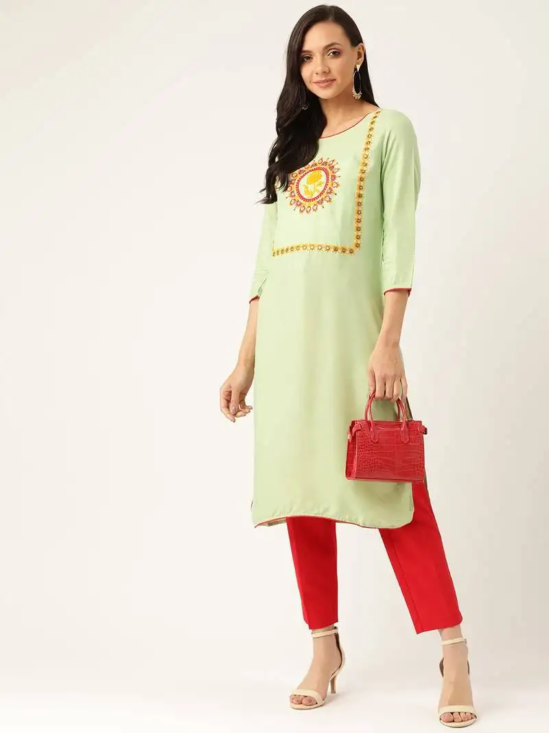 Light-green embroidered rayon embroidered-kurtis