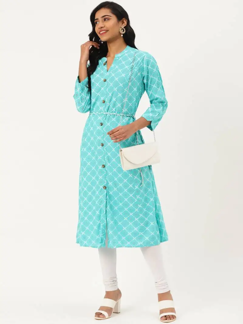 Sea-green printed rayon party-wear-kurtis
