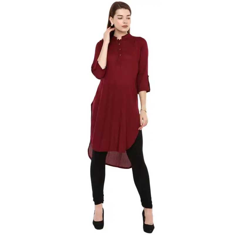 Maroon plain rayon long kurtis