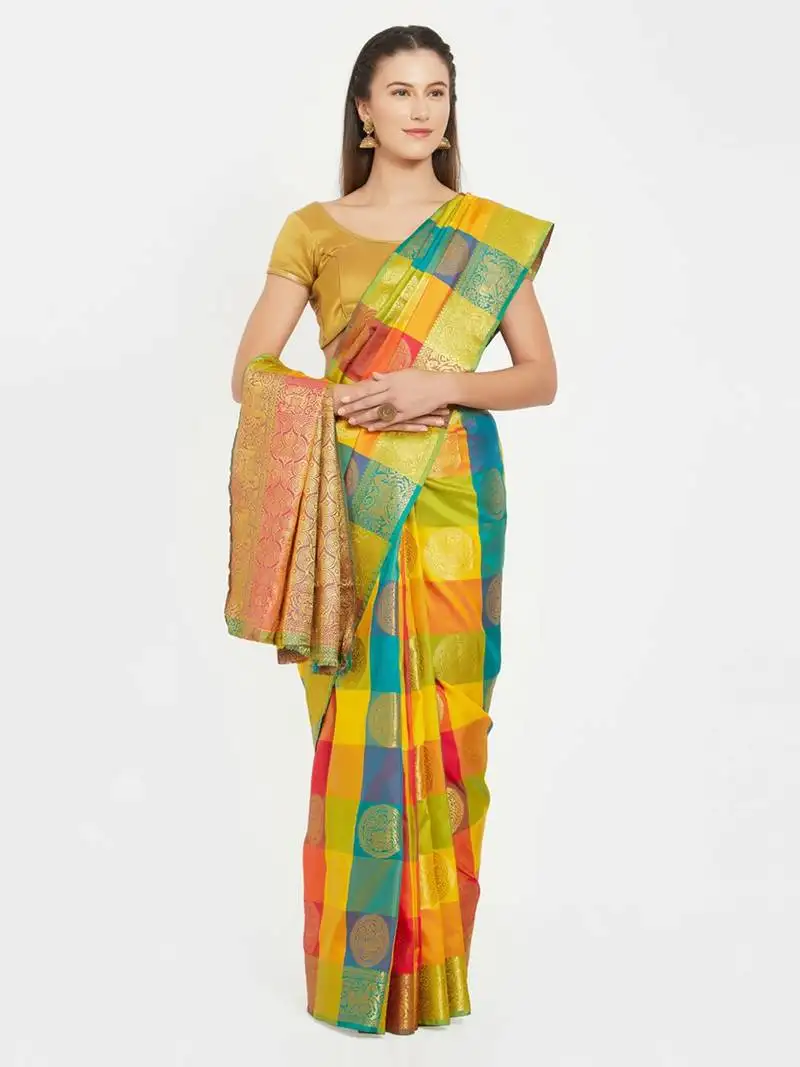 Yellow woven art silk saree with blouse