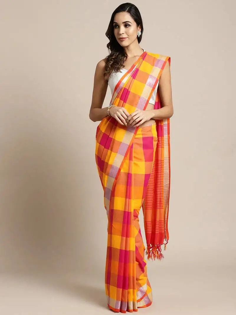 Yellow woven blended cotton saree with blouse
