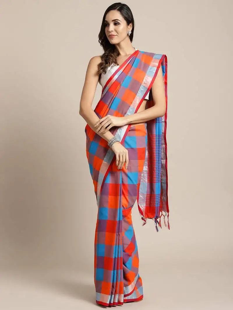 Orange woven blended cotton saree with blouse